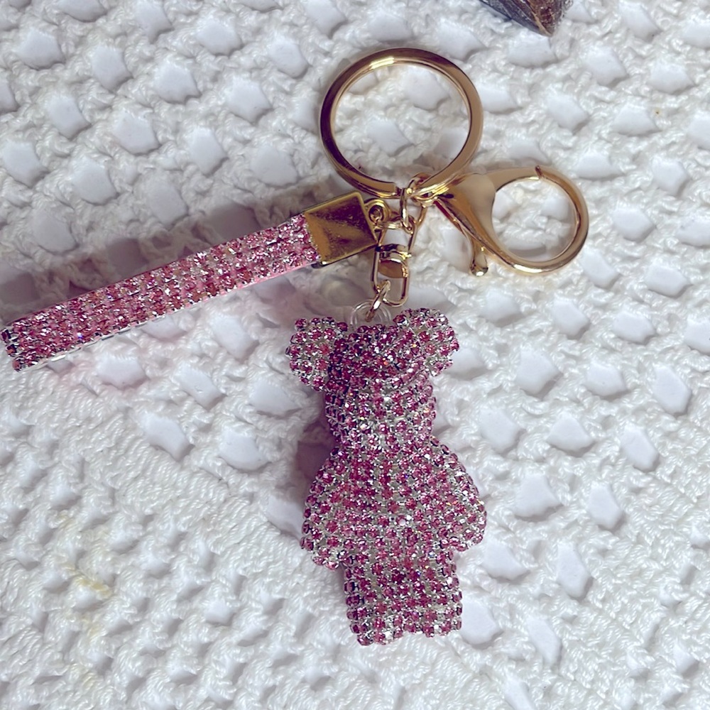 Key Chain Pink Crystal Teddy Bear w/wrist strap